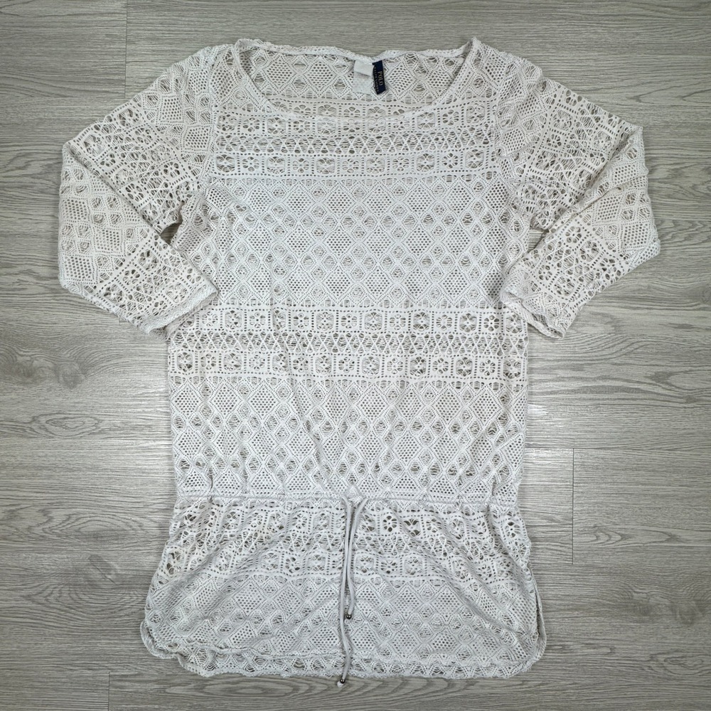 Polo Ralph Lauren Womens Crochet Tunic Top Cream White Knit Swim Cover‎